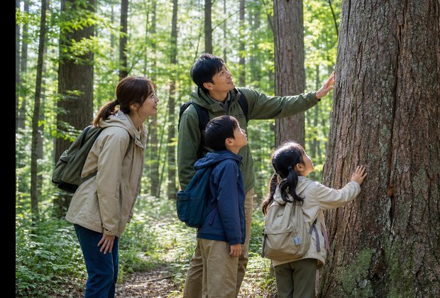 森の中で大黒柱になる木を選ぶ家族