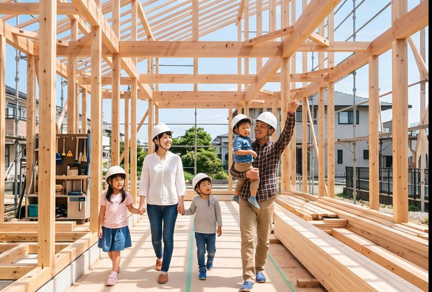 建つ前の骨組みを歩く家族