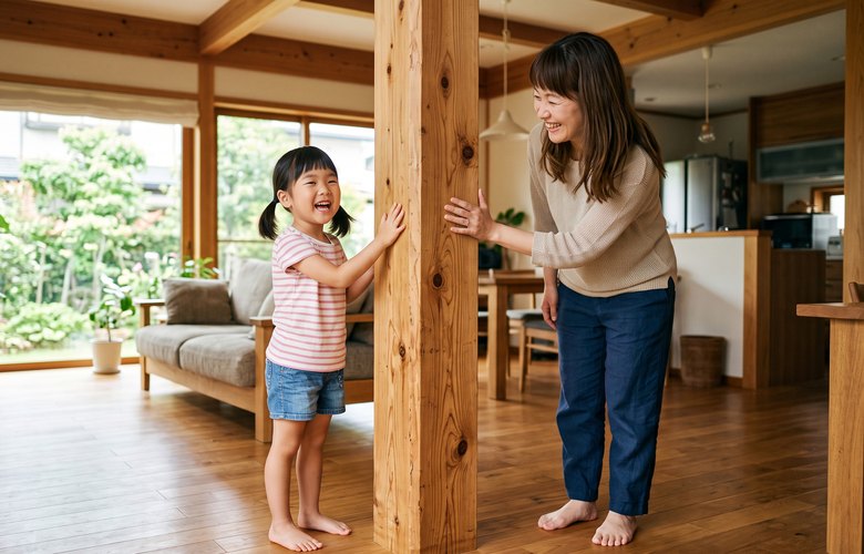 柱を撫でる子どもとオーナー